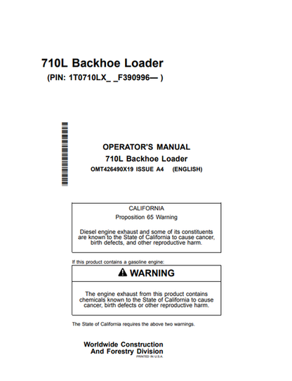 John Deere 710L Backhoe Loader Operator Manual OMT426490X19