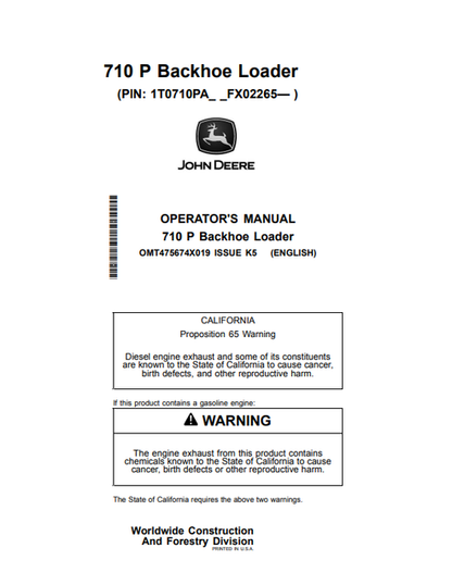 John Deere 710 P Backhoe Loader Operator Manual OMT475674X019