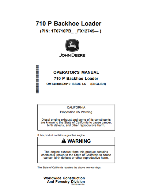 John Deere 710 P Backhoe Loader Operator Manual OMT494849X019