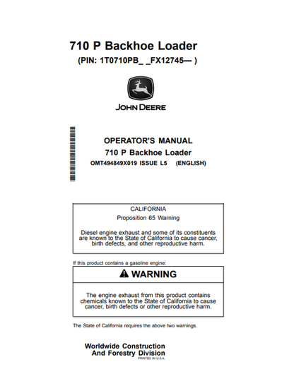 John Deere 710 P Backhoe Loader Operator Manual OMT494849X019