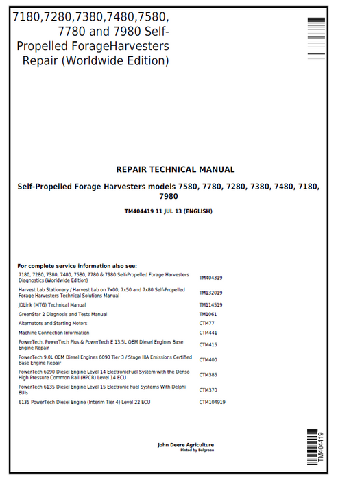 John Deere 7180–7980 Self-Propelled Forage Harvester Repair Manual