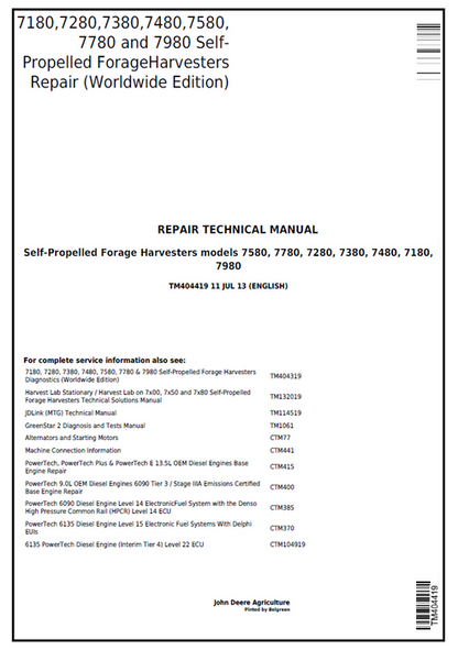 John Deere 7180–7980 Self-Propelled Forage Harvester Repair Manual