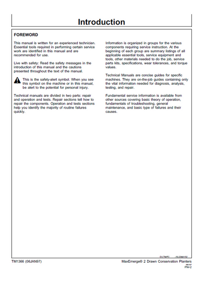 John Deere 7200 MaxEmerge Conservation Planter Technical Manual TM1366