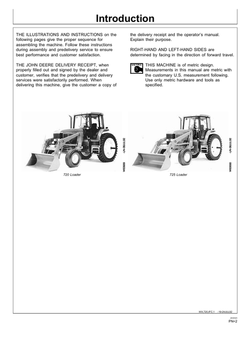 John Deere 720 725 Loader Pre-Delivery Inspection & Setup Manual