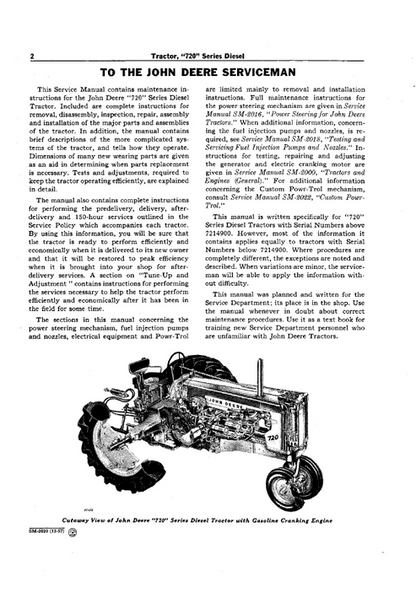 John Deere 720 Diesel Tractor Workshop Technical Service Manual SM2020