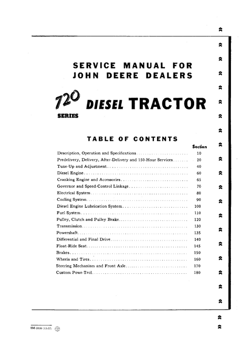 John Deere 720 Series Diesel Tractor Repair & Service Manual SM2020