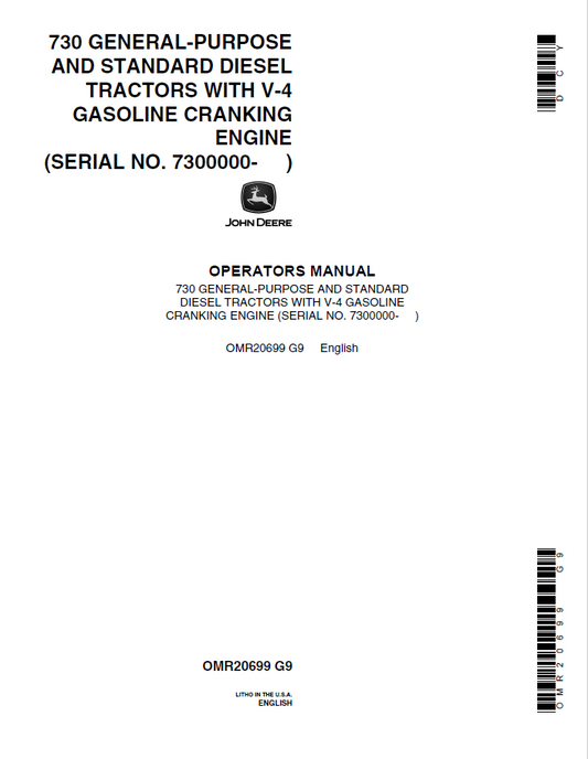 John Deere 720 Tractor Diesel With Gasoline Cranking Engine Operator Manual OMR20699 PDF