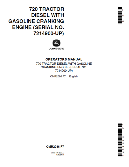 John Deere 720 Tractor Diesel With Gasoline Cranking Engine Operator Manual OMR2086 PDF