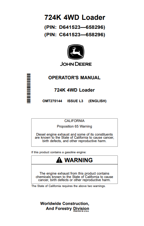 John Deere 724K 4WD Loader Operator Manual OMT275144 PDF