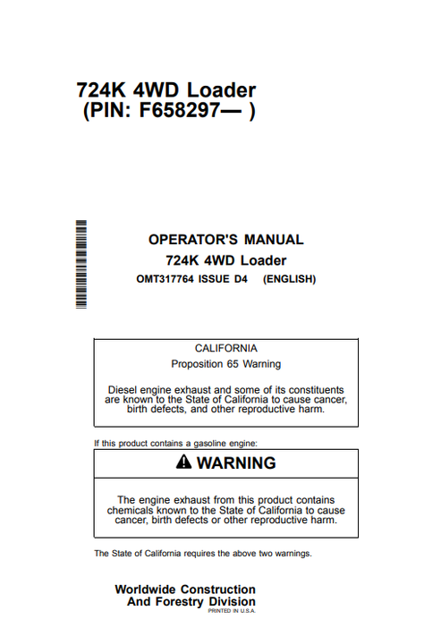 John Deere 724K 4WD Loader Operator Manual OMT317764 PDF