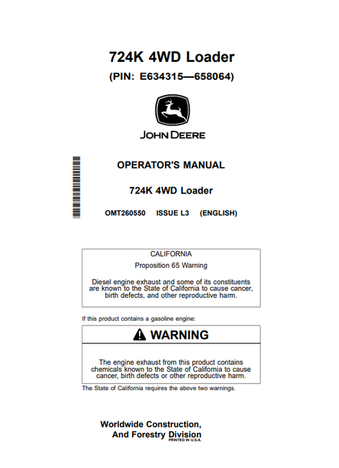 John Deere 724K 4WD Loader Operator Manual PDF OMT260550