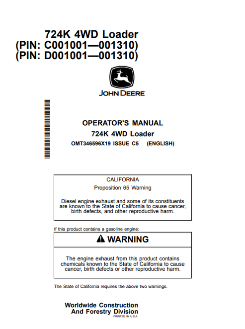 John Deere 724K 4WD Loader Operator Manual PDF OMT346596X19