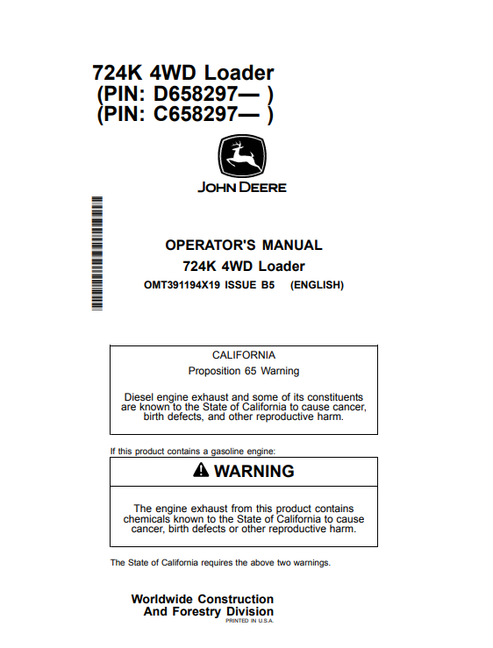 John Deere 724K 4WD Loader Operator Manual PDF OMT391194X19