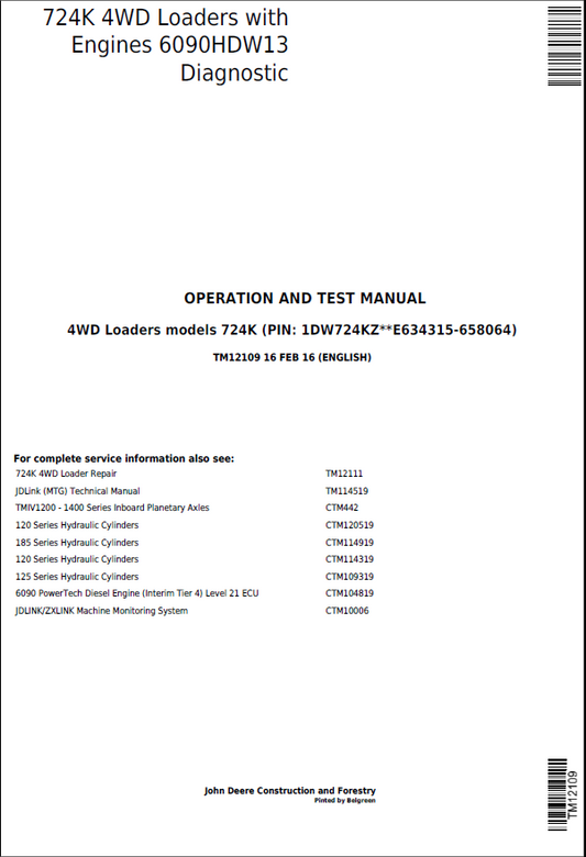 John Deere 724K 4WD Loaders Operation and Test Manual TM12109 PDF