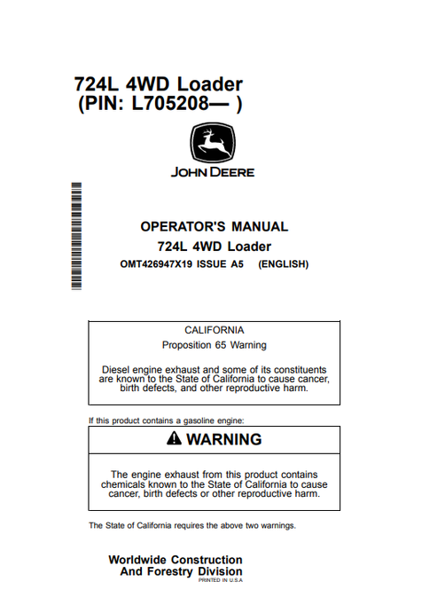 John Deere 724L 4WD Loader Operator Manual PDF