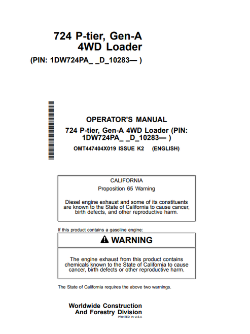 John Deere 724 P-Tier Gen-A 4WD Loader Operator Manual