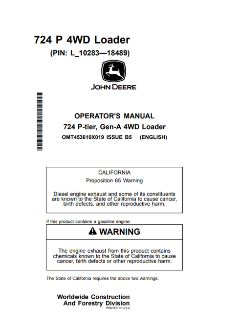 John Deere 724 P-Tier Gen-A 4WD Loader Operator Manual PDF