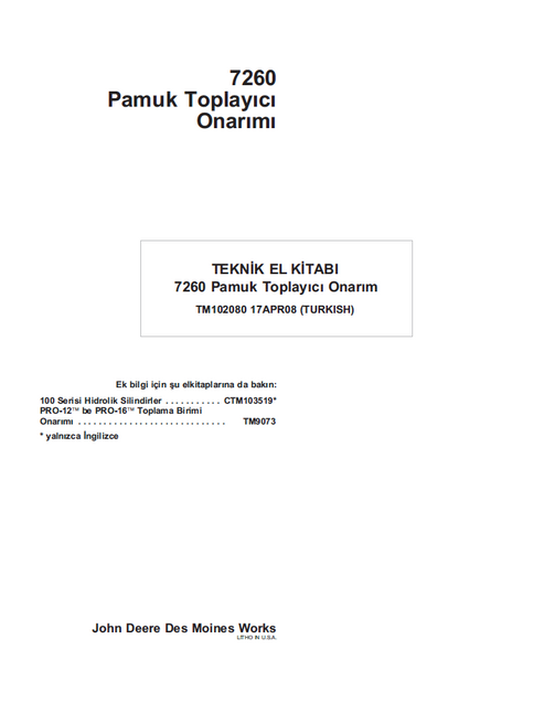 John Deere 7260 Cotton Picker Service & Repair Manual TM102080