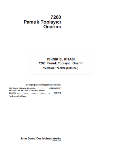 John Deere 7260 Cotton Picker Service & Repair Manual TM102080
