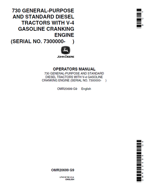John Deere 730 Diesel Tractor Operator Manual OMR20699