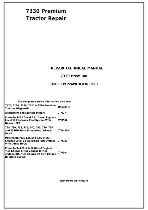 John Deere 7330 Premium Tractor Technical Manual TM400219