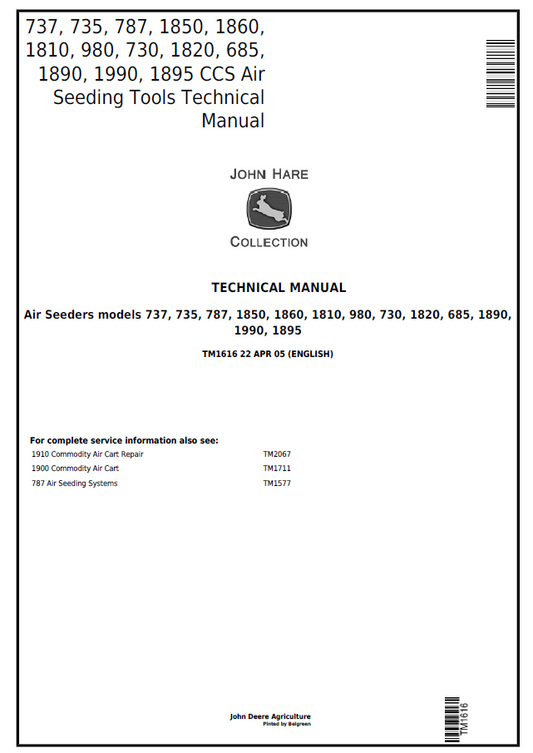 John Deere 737, 735, 787, 1850, 1860, 1810, 980, 730, 1820, 685, 1890, 1990, 1895 CCS Air Seeding Tools Technical TM1616 PDF