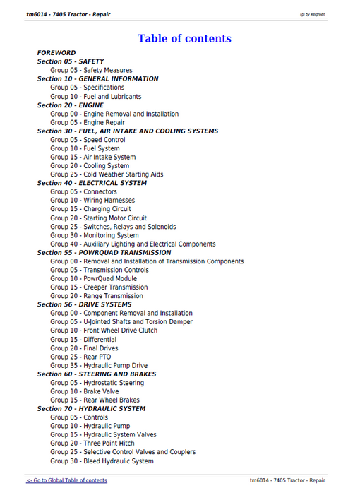 John Deere 7405 Tractor Technical Service & Repair Manual