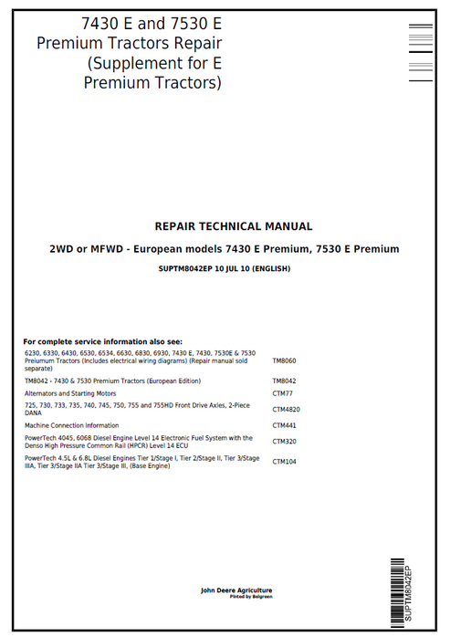 John Deere 7430E & 7530E Premium Tractor Repair Manual SUPTM8042ES