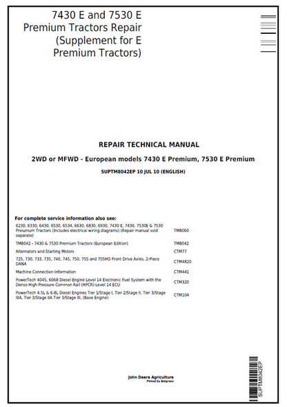 John Deere 7430E & 7530E Premium Tractor Repair Manual SUPTM8042ES