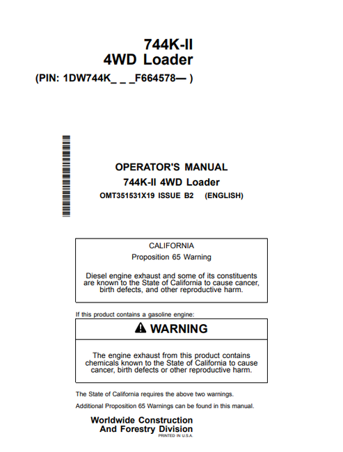 John Deere 744K-II 4WD Loader Operator Manual PDF OMT351531X19