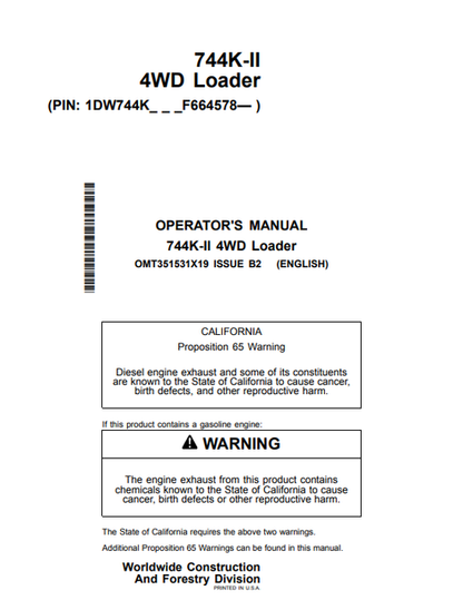 John Deere 744K-II 4WD Loader Operator Manual PDF OMT351531X19