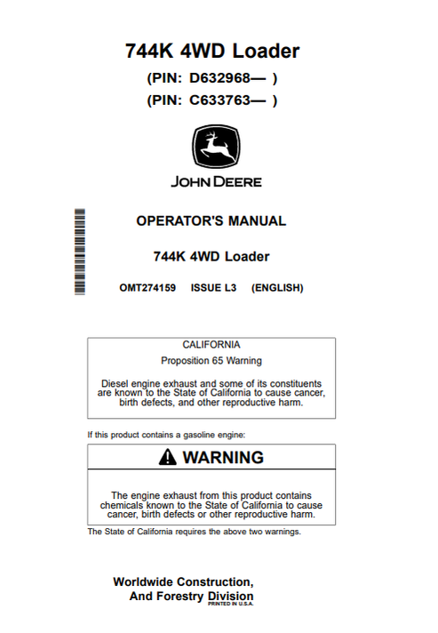 John Deere 744K 4WD Loader Operator Manual OMT274159 PDF