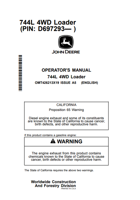 John Deere 744L 4WD Loader Operator Manual PDF