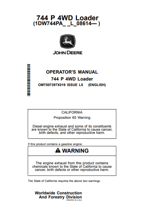 John Deere 744 P 4WD Loader Operator Manual PDF OMT507397X019