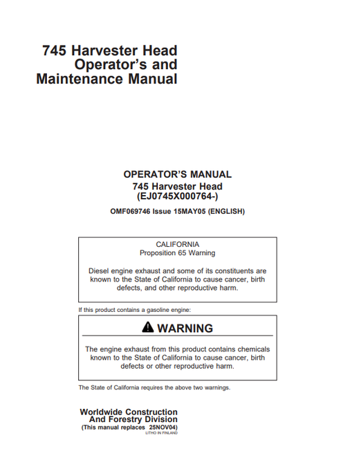 John Deere 745 Harvester Head Operator & Maintenance Manual