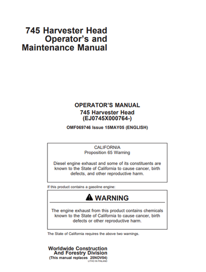 John Deere 745 Harvester Head Operator & Maintenance Manual