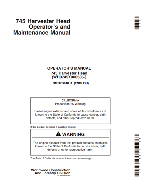 John Deere 745 Harvesting Head Operator & Maintenance Manual
