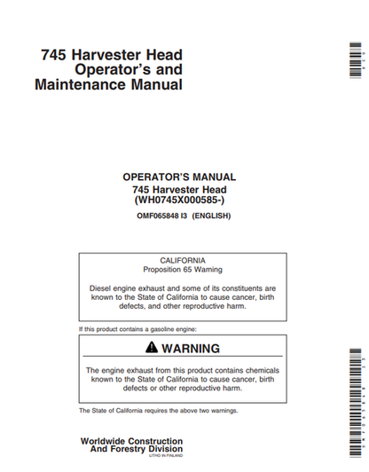 John Deere 745 Harvesting Head Operator & Maintenance Manual