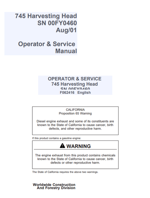 John Deere 745 Harvesting Head Operator & Service Manual F062416