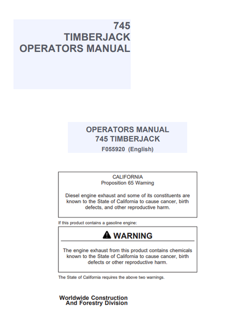 John Deere 745 Timberjack Operator Manual F055920