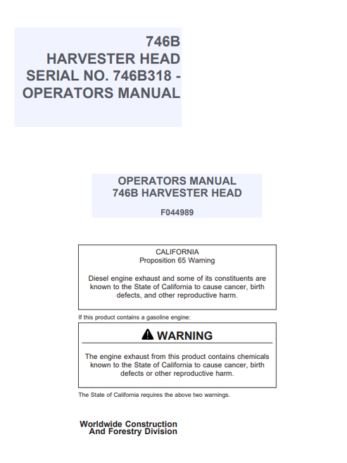 John Deere 746B Harvester Head Operator Manual F044989