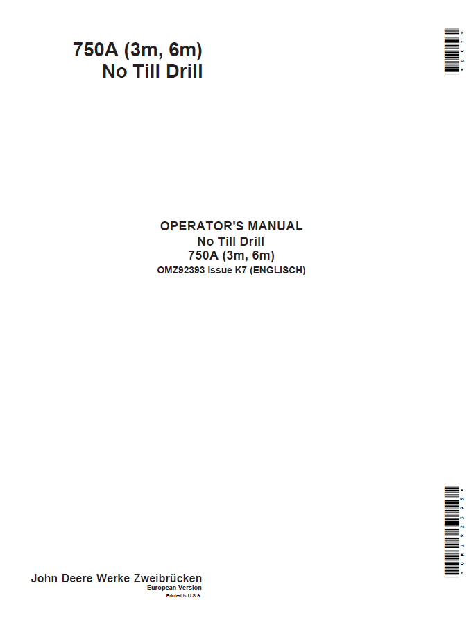 John Deere 750A (3m, 6m) No Till Drill Operator Manual OMZ92393 PDF