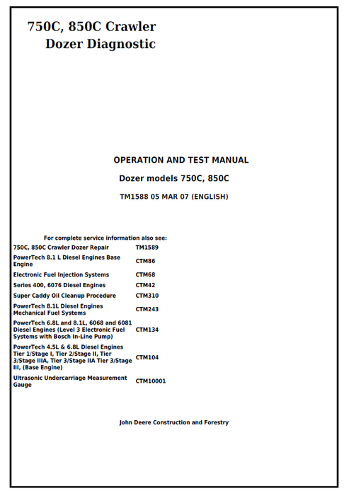 John Deere 750C 850C Crawler Dozer Diagnostic Test Manual PDF