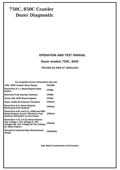 John Deere 750C 850C Crawler Dozer Diagnostic Test Manual PDF