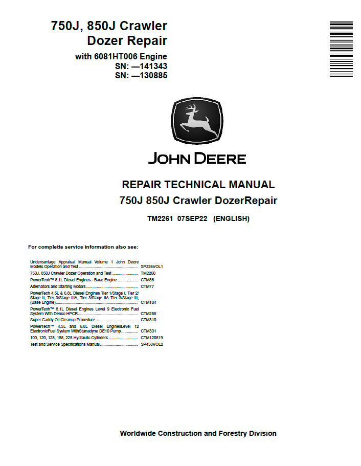 John Deere 750J 850J Crawler Dozer Repair Technical Manual TM2261 PDF 