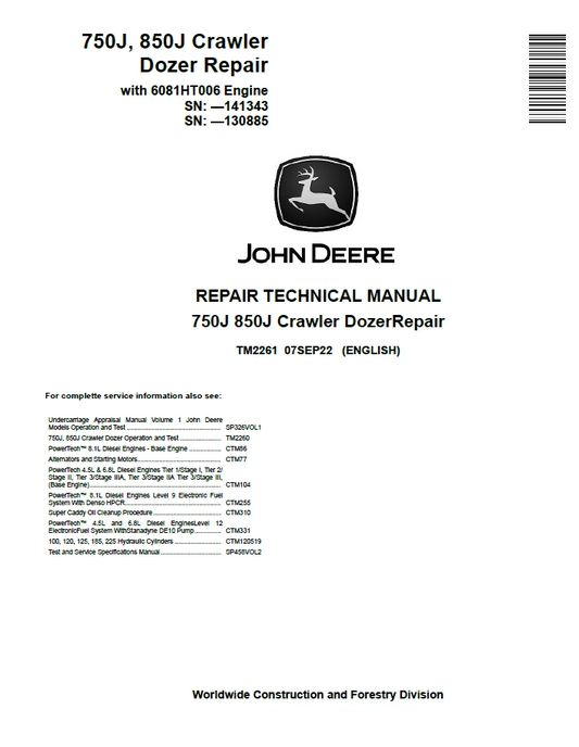 John Deere 750J 850J Crawler Dozer Repair Technical Manual TM2261 PDF 