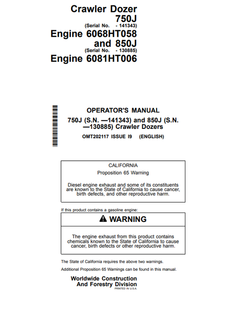 John Deere 750J And 850J Crawler Dozer Operator Manual OMT202117