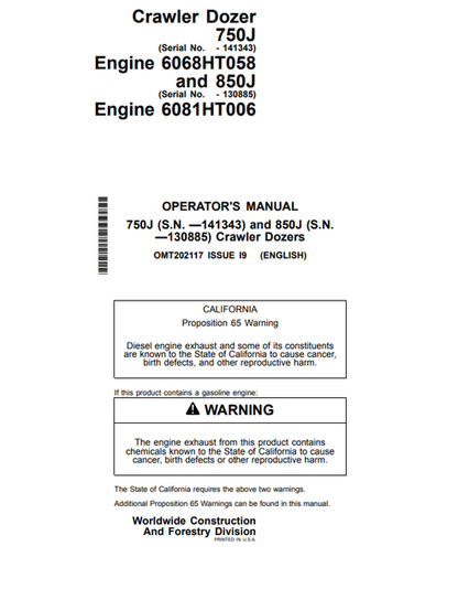 John Deere 750J And 850J Crawler Dozer Operator Manual OMT202117