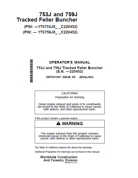 John Deere 753J and 759J Tracked Feller Buncher Operator Manual OMT231007 PDF