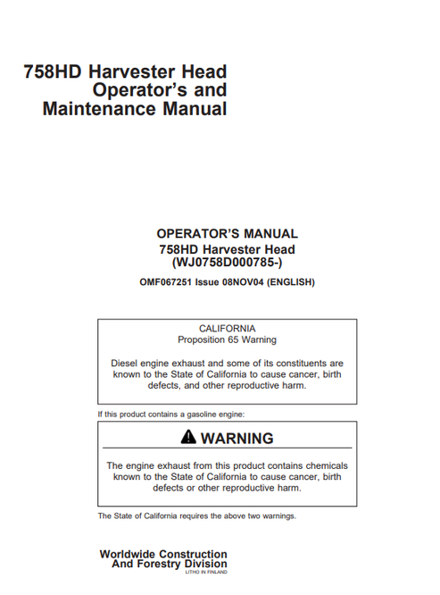 John Deere 758HD Harvester Head Operator & Maintenance Manual